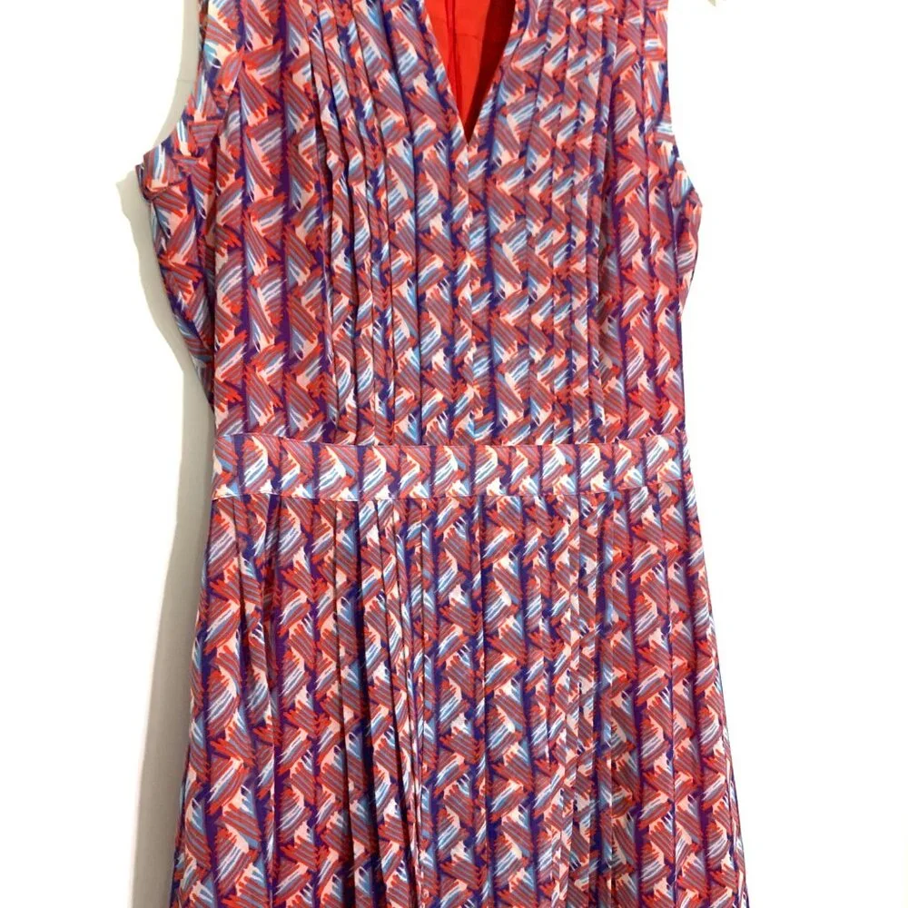 Halogen Sleeveless Red & Blue Geometric Print Dress Size 2 Pleated A-Line V-Neck